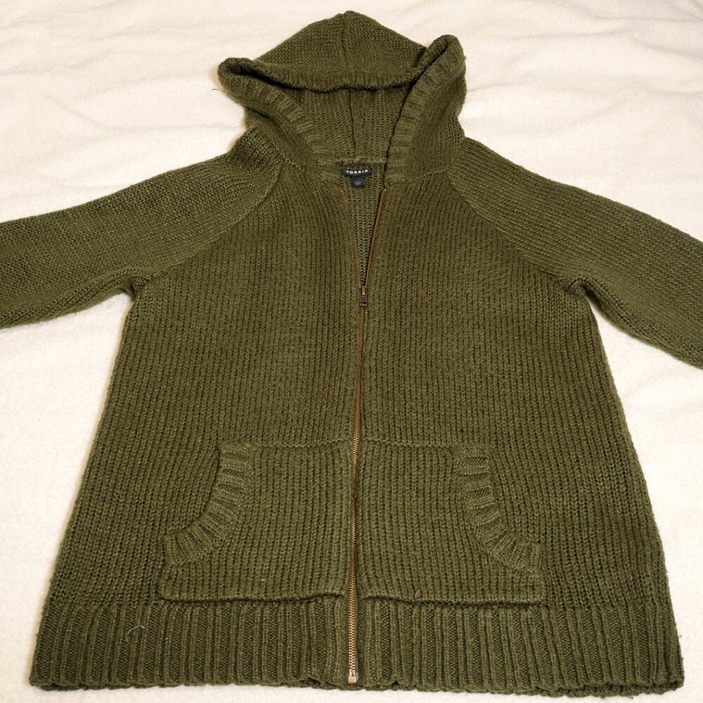 Rib Star Elbow Patch Zip Hoodie Cardigan Olive Green - Picture 6 of 10
